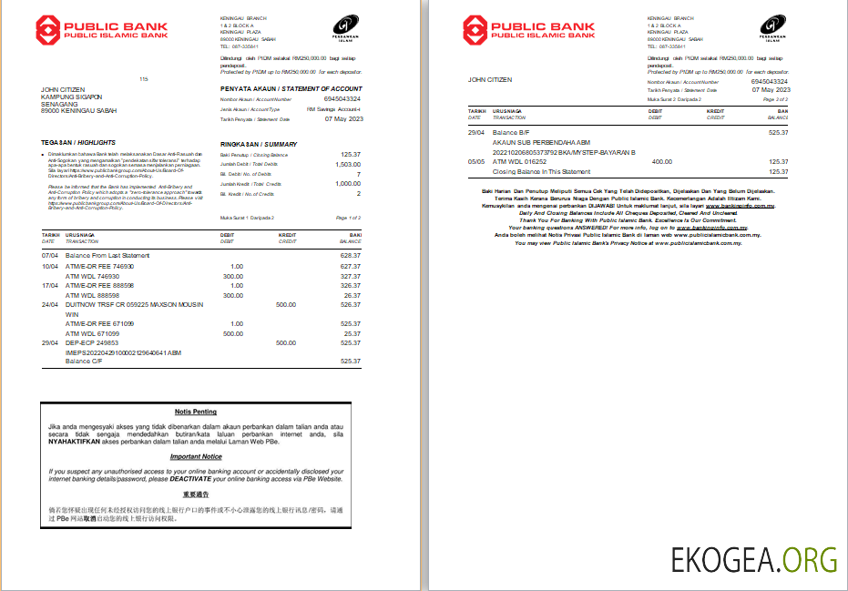 Modèle Word et PDF de relevé de la Banque islamique publique de Malaisie, 2 pages